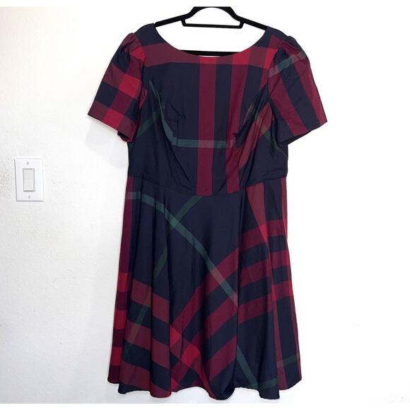 ModCloth Dress Plus Size 18 Navy Blue Burgundy Plaid Short Sleeve LIned Preppy - Picture 2 of 14